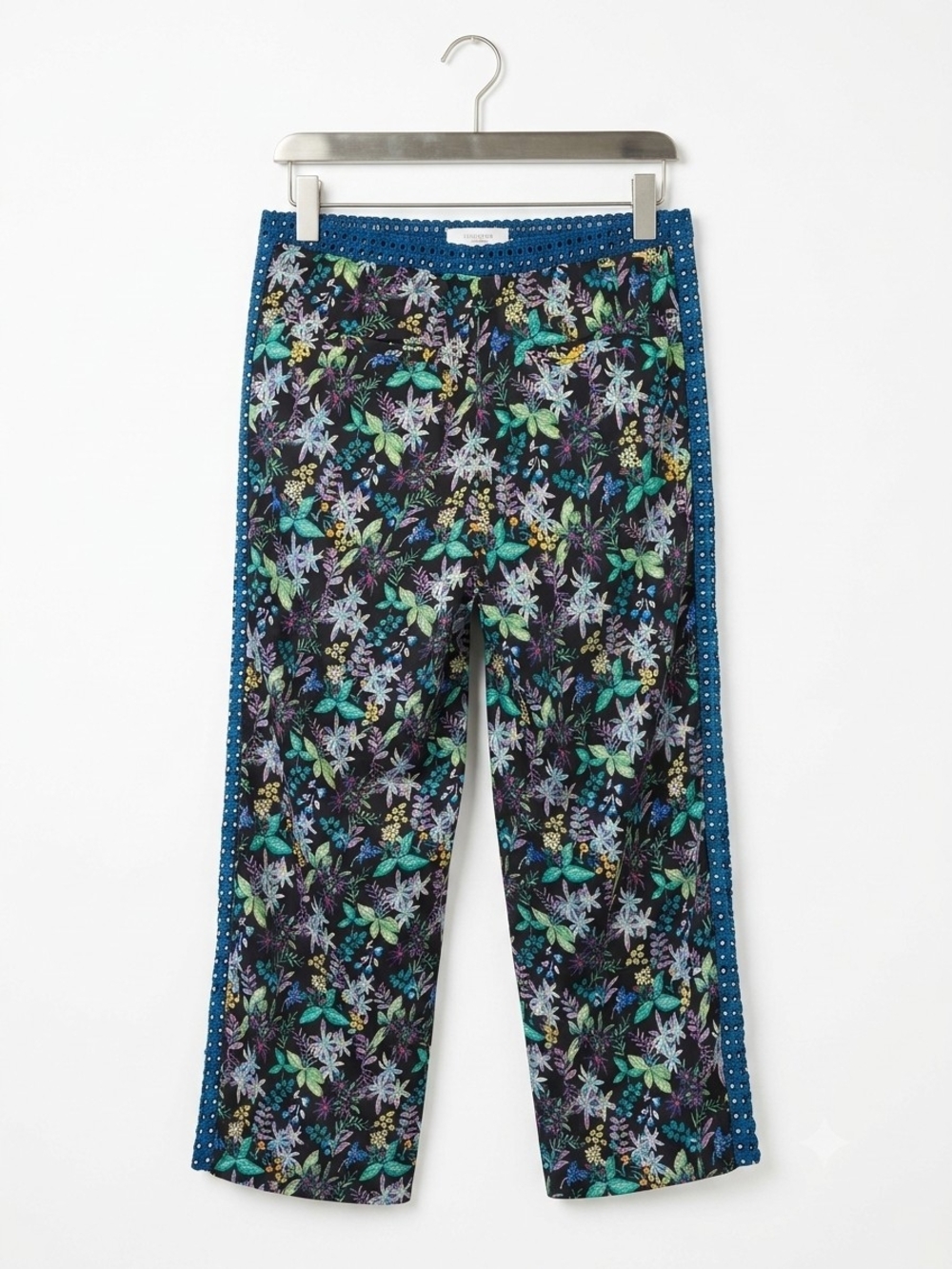 Anthropologie Seitwe Floral Wide Leg Pants Size S Blue Geometric Lace Trim